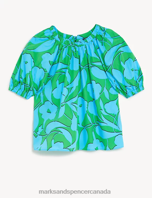 Marks and Spencer near me - Women Green Mix Clothing Marks & Spencer Pure Cotton Printed Blouson Sleeve Blouse 20VTD988