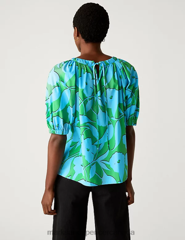 Marks and Spencer near me - Women Green Mix Clothing Marks & Spencer Pure Cotton Printed Blouson Sleeve Blouse 20VTD988