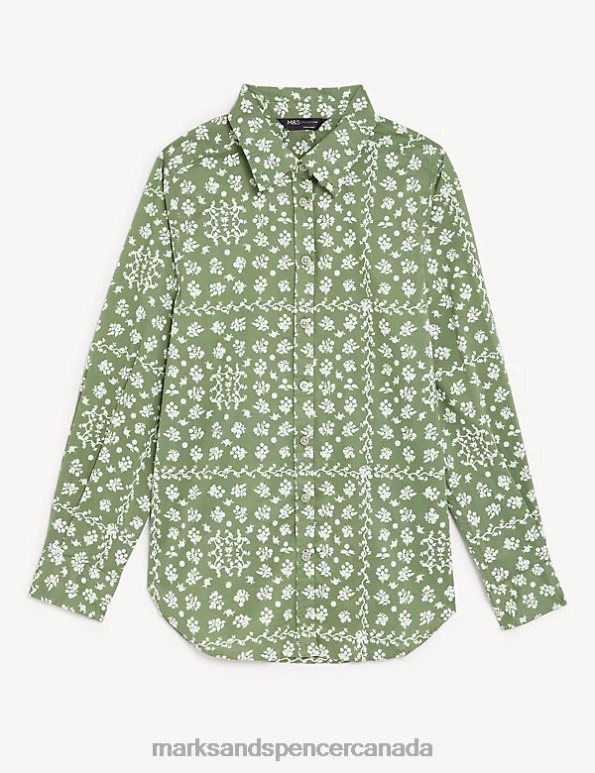 Women Green Mix Clothing Marks & Spencer Pure Cotton Printed Collared Shirt 20VTD1486 - Marks and Spencer online