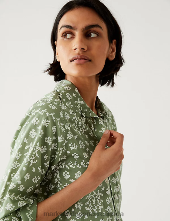 Women Green Mix Clothing Marks & Spencer Pure Cotton Printed Collared Shirt 20VTD1486 - Marks and Spencer online