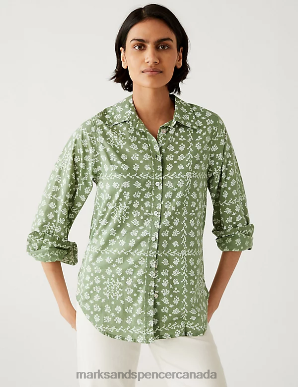 Women Green Mix Clothing Marks & Spencer Pure Cotton Printed Collared Shirt 20VTD1486 - Marks and Spencer online