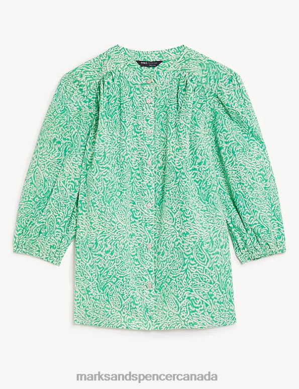 Women Green Mix Clothing Marks & Spencer Pure Cotton Printed High Neck Blouse 20VTD1804 - Marks and Spencer Canada locations