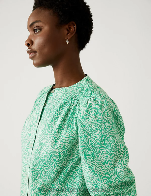 Women Green Mix Clothing Marks & Spencer Pure Cotton Printed High Neck Blouse 20VTD1804 - Marks and Spencer Canada locations