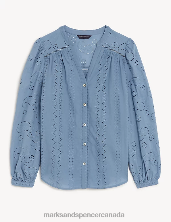 Women Grey Blue Clothing Marks & Spencer Pure Cotton Broderie V-Neck Blouse 20VTD1996 - Marks and Spencer outlet