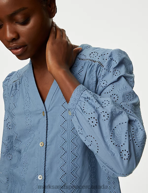 Women Grey Blue Clothing Marks & Spencer Pure Cotton Broderie V-Neck Blouse 20VTD1996 - Marks and Spencer outlet