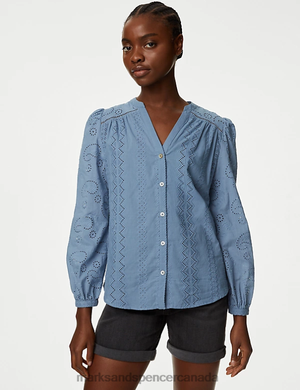 Women Grey Blue Clothing Marks & Spencer Pure Cotton Broderie V-Neck Blouse 20VTD1996 - Marks and Spencer outlet