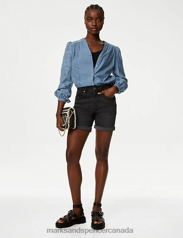 Women Grey Blue Clothing Marks & Spencer Pure Cotton Broderie V-Neck Blouse 20VTD1996 - Marks and Spencer outlet