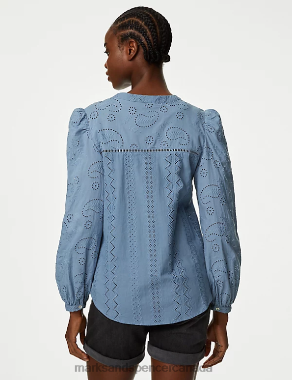 Women Grey Blue Clothing Marks & Spencer Pure Cotton Broderie V-Neck Blouse 20VTD1996 - Marks and Spencer outlet