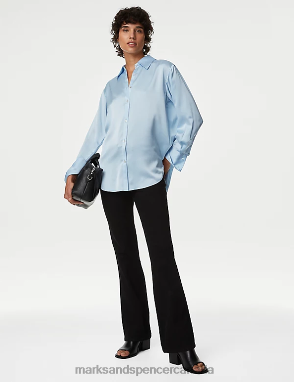 Women Ice Blue Clothing Marks & Spencer Satin Collared Longline Oversized Shirt 20VTD1070 - Marks and Spencer Canada locations