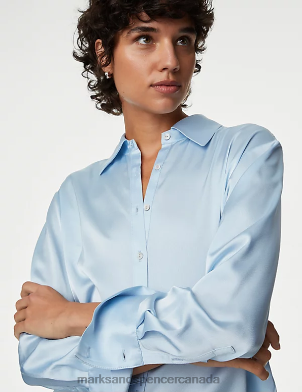 Women Ice Blue Clothing Marks & Spencer Satin Collared Longline Oversized Shirt 20VTD1070 - Marks and Spencer Canada locations