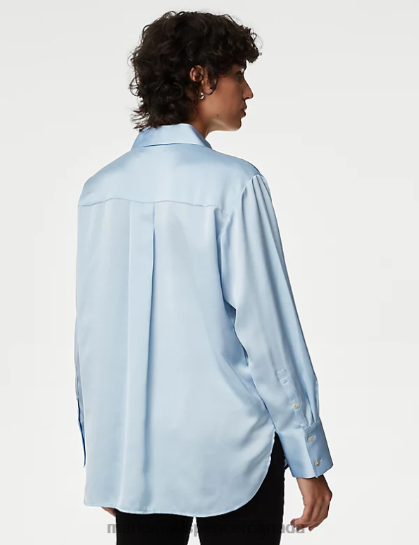 Women Ice Blue Clothing Marks & Spencer Satin Collared Longline Oversized Shirt 20VTD1070 - Marks and Spencer Canada locations