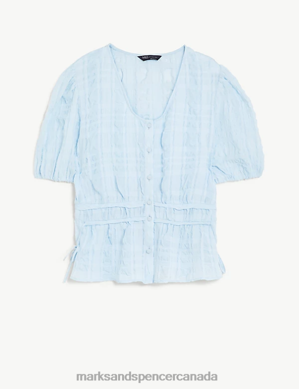 Women Ice Blue Clothing Marks & Spencer Textured V-Neck Button Through Blouse 20VTD1783 - Marks and Spencer online