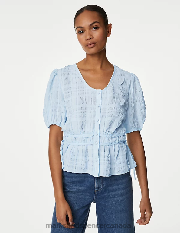 Women Ice Blue Clothing Marks & Spencer Textured V-Neck Button Through Blouse 20VTD1783 - Marks and Spencer online