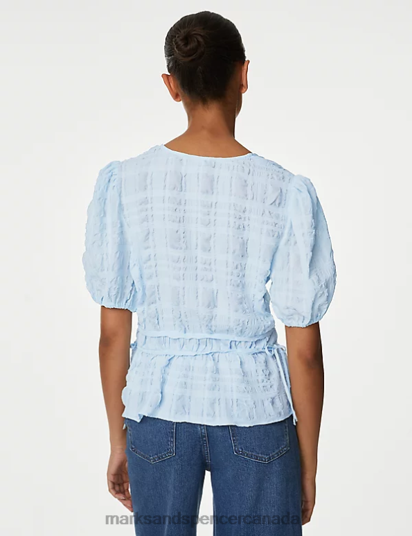 Women Ice Blue Clothing Marks & Spencer Textured V-Neck Button Through Blouse 20VTD1783 - Marks and Spencer online