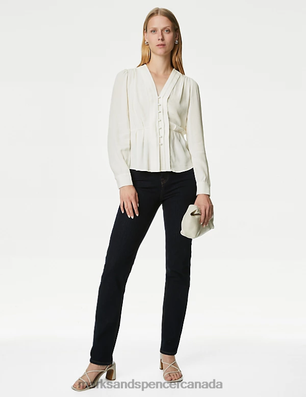 Marks and Spencer Canada - Women Ivory Clothing Marks & Spencer Pleated V-Neck Blouse 20VTD82
