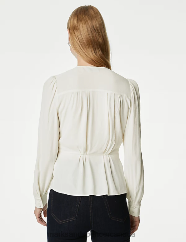 Marks and Spencer Canada - Women Ivory Clothing Marks & Spencer Pleated V-Neck Blouse 20VTD82