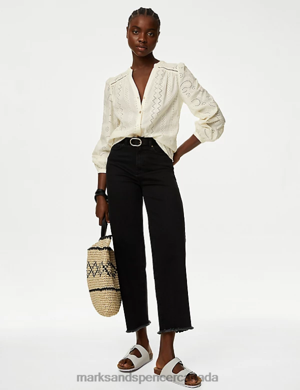 Women Ivory Clothing Marks & Spencer Pure Cotton Broderie V-Neck Blouse 20VTD2325 - Marks and Spencer outlet