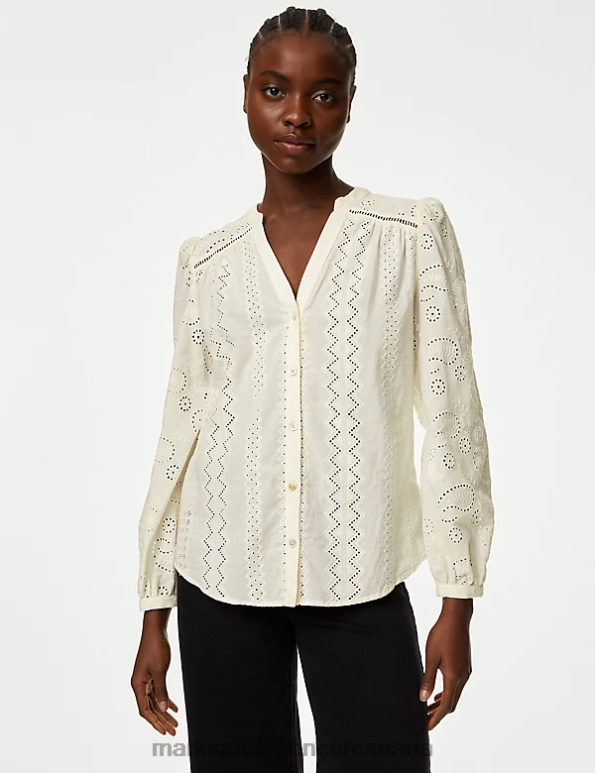 Women Ivory Clothing Marks & Spencer Pure Cotton Broderie V-Neck Blouse 20VTD2325 - Marks and Spencer outlet