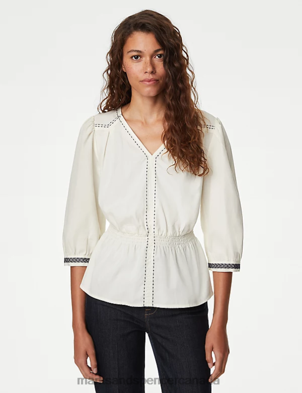Women Ivory Clothing Marks & Spencer Pure Cotton Embroidered V-Neck Blouse 20VTD884 - Marks and Spencer online