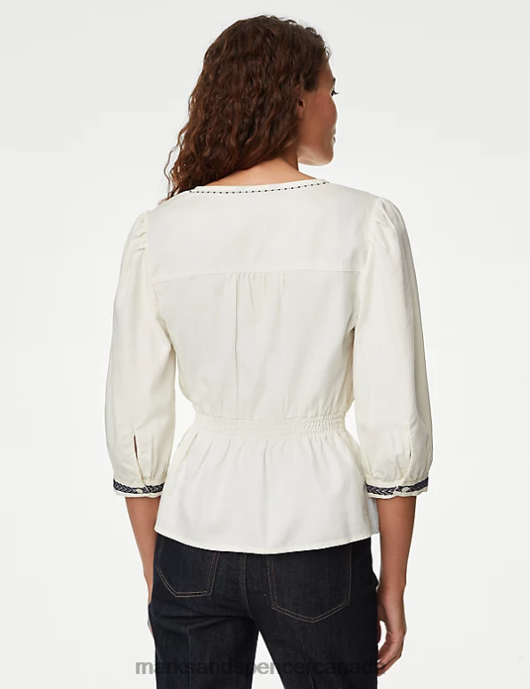 Women Ivory Clothing Marks & Spencer Pure Cotton Embroidered V-Neck Blouse 20VTD884 - Marks and Spencer online