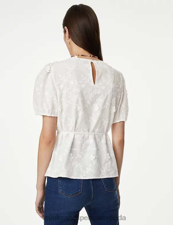 Women Ivory Clothing Marks & Spencer Pure Cotton Floral Textured Blouse 20VTD463 - Marks and Spencer outlet