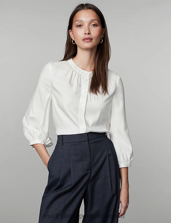 Women Ivory Clothing Marks & Spencer Silk Blend Collarless Blouson Sleeve Blouse 20VTD285 - Marks and Spencer outlet