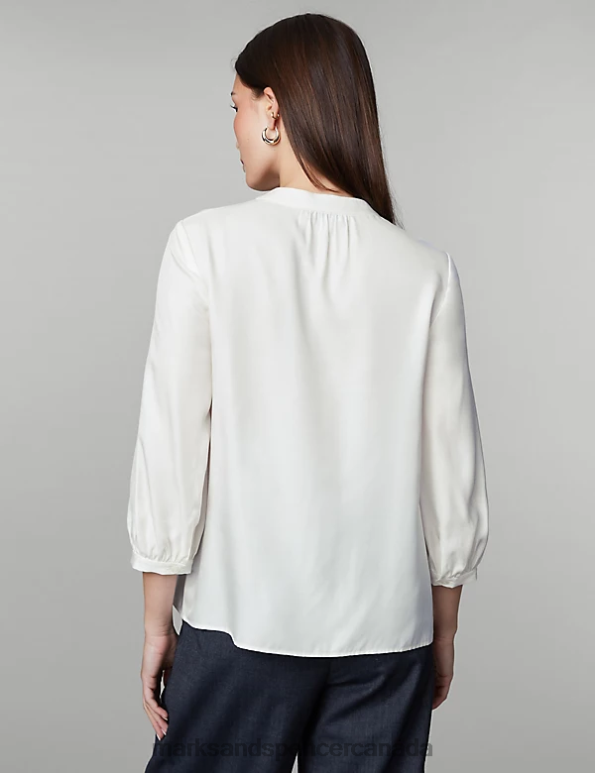 Women Ivory Clothing Marks & Spencer Silk Blend Collarless Blouson Sleeve Blouse 20VTD285 - Marks and Spencer outlet