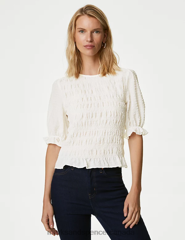 Marks and Spencer sale - Women Ivory Clothing Marks & Spencer Textured Round Neck Shirred Waisted Blouse 20VTD426
