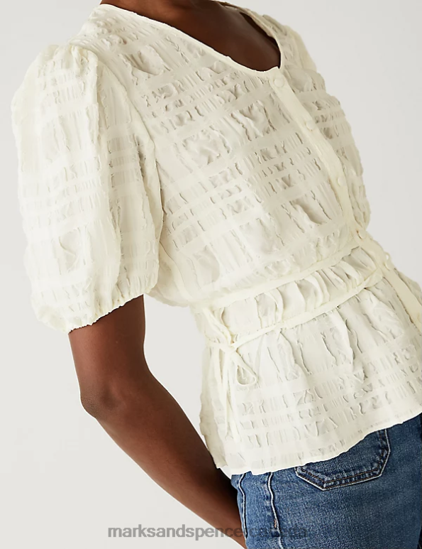 Marks and Spencer Canada - Women Ivory Clothing Marks & Spencer Textured V-Neck Button Through Blouse 20VTD1455