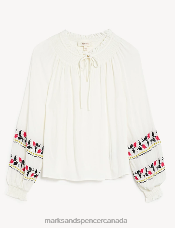 Marks and Spencer Canada - Women Ivory Mix Clothing Marks & Spencer Embroidered Tie Neck Blouse 20VTD1224