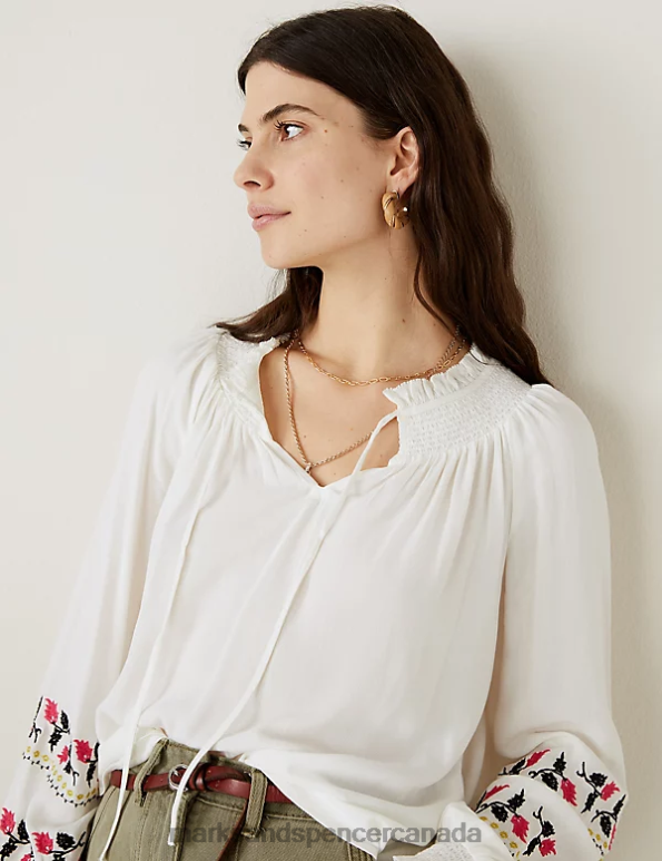 Marks and Spencer Canada - Women Ivory Mix Clothing Marks & Spencer Embroidered Tie Neck Blouse 20VTD1224