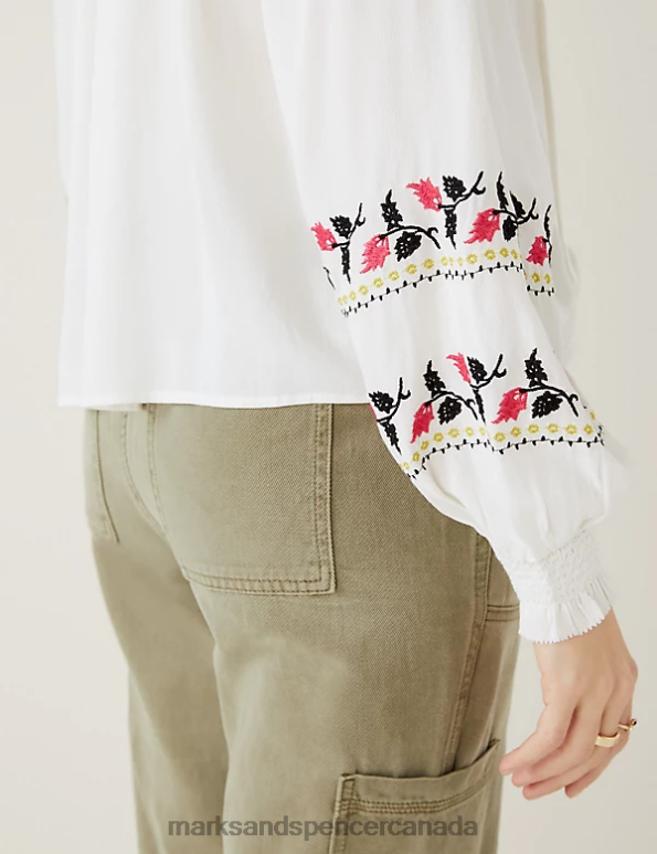 Marks and Spencer Canada - Women Ivory Mix Clothing Marks & Spencer Embroidered Tie Neck Blouse 20VTD1224