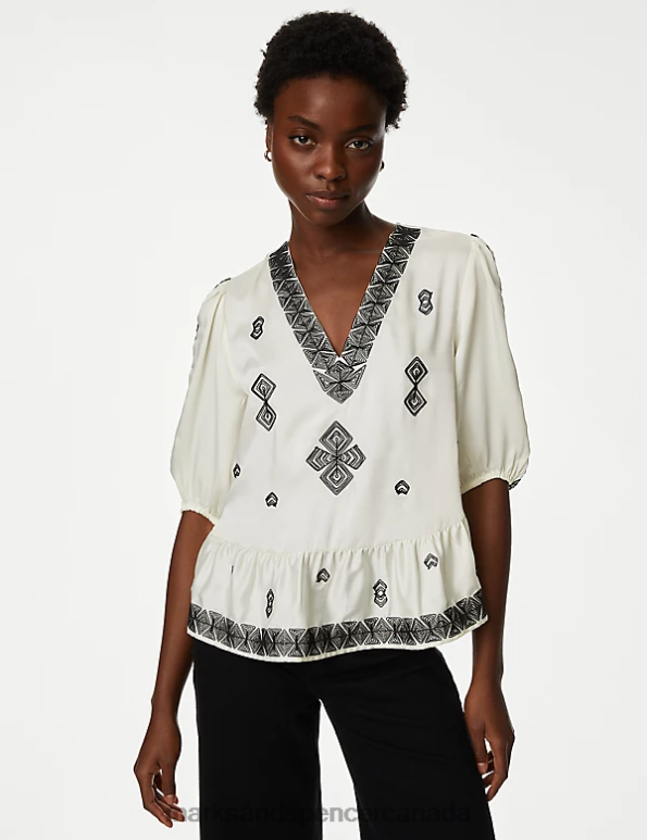 Marks and Spencer sale - Women Ivory Mix Clothing Marks & Spencer Embroidered V-Neck Blouse 20VTD645