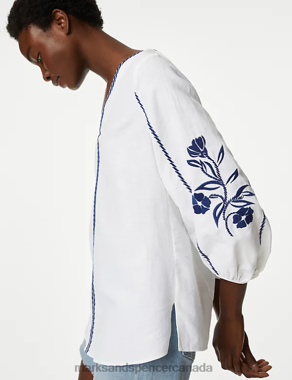 Marks and Spencer sale - Women Ivory Mix Clothing Marks & Spencer Linen Rich Embroidered Blouson Sleeve Blouse 20VTD1903