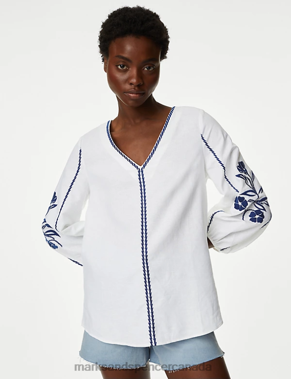 Marks and Spencer sale - Women Ivory Mix Clothing Marks & Spencer Linen Rich Embroidered Blouson Sleeve Blouse 20VTD1903