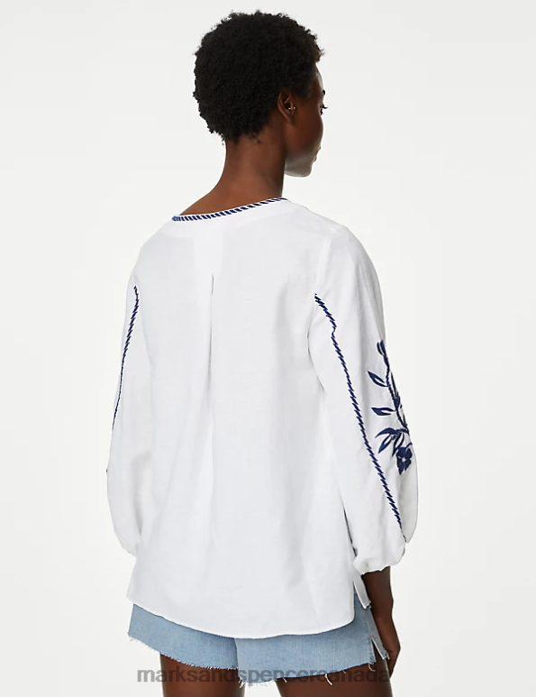 Marks and Spencer sale - Women Ivory Mix Clothing Marks & Spencer Linen Rich Embroidered Blouson Sleeve Blouse 20VTD1903