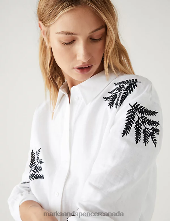 Women Ivory Mix Clothing Marks & Spencer Linen Rich Embroidered Collared Shirt 20VTD401 - Marks and Spencer outlet