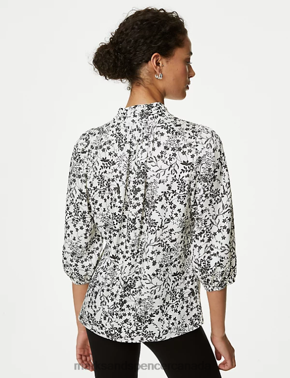 Women Ivory Mix Clothing Marks & Spencer Printed Frill Neck Tie Front Popover Blouse 20VTD36 - Marks and Spencer outlet