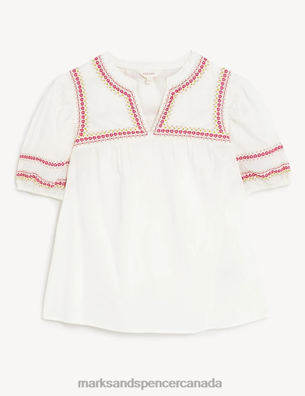 Women Ivory Mix Clothing Marks & Spencer Pure Cotton Embroidered Notch Neck Blouse 20VTD580 - Marks and Spencer online