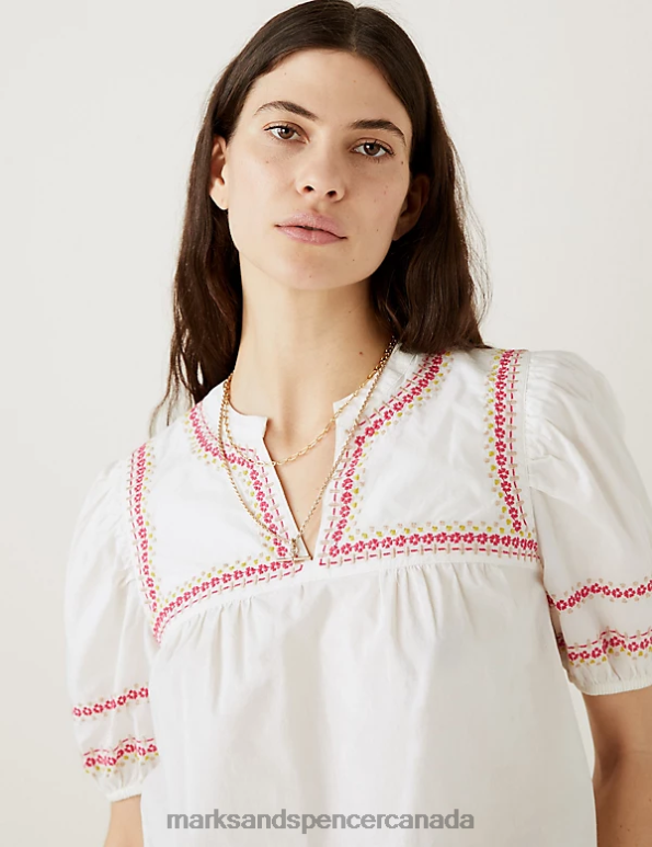 Women Ivory Mix Clothing Marks & Spencer Pure Cotton Embroidered Notch Neck Blouse 20VTD580 - Marks and Spencer online