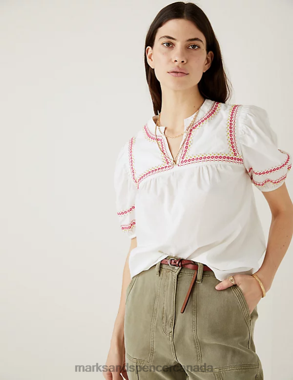 Women Ivory Mix Clothing Marks & Spencer Pure Cotton Embroidered Notch Neck Blouse 20VTD580 - Marks and Spencer online