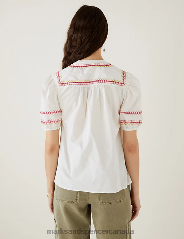 Women Ivory Mix Clothing Marks & Spencer Pure Cotton Embroidered Notch Neck Blouse 20VTD580 - Marks and Spencer online