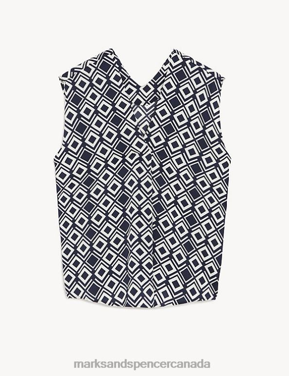 Women Ivory Mix Clothing Marks & Spencer Satin Printed V-Neck Popover Blouse 20VTD1518 - Marks and Spencer outlet