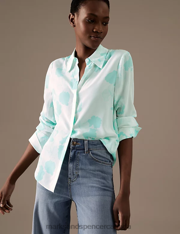 Women Jade Mix Clothing Marks & Spencer Pure Silk Printed Shirt 20VTD1399 - Marks and Spencer Canada locations