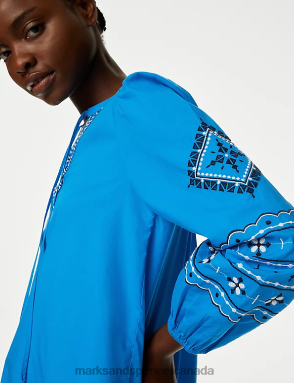 Marks and Spencer near me - Women Lagoon Clothing Marks & Spencer Pure Cotton Embroidered Puff Sleeve Blouse 20VTD906