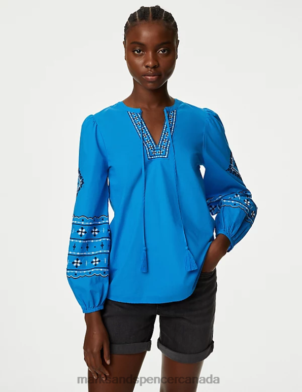 Marks and Spencer near me - Women Lagoon Clothing Marks & Spencer Pure Cotton Embroidered Puff Sleeve Blouse 20VTD906