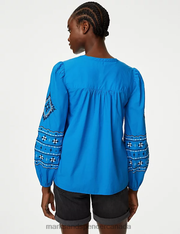 Marks and Spencer near me - Women Lagoon Clothing Marks & Spencer Pure Cotton Embroidered Puff Sleeve Blouse 20VTD906