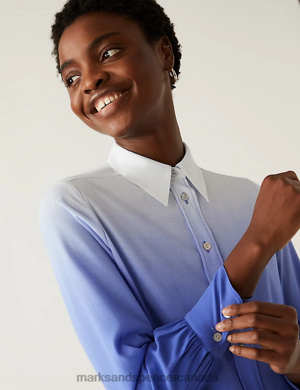 Marks and Spencer Canada - Women Light Blue Mix Clothing Marks & Spencer Printed Collared Long Sleeve Shirt 20VTD1311