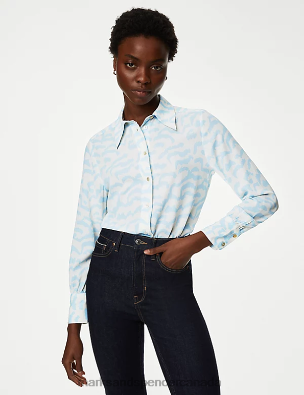 Women Light Blue Mix Clothing Marks & Spencer Printed Collared Shirt 20VTD176 - Marks and Spencer outlet