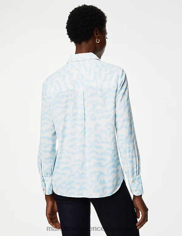 Women Light Blue Mix Clothing Marks & Spencer Printed Collared Shirt 20VTD176 - Marks and Spencer outlet